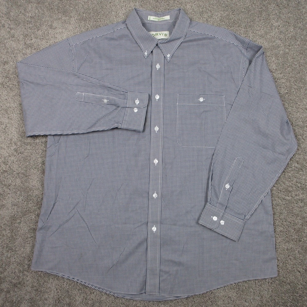 Vintage Orvis Shirt Mens XL Blue Gray Check Twill Outdoor Pocket‎ Work Button Up